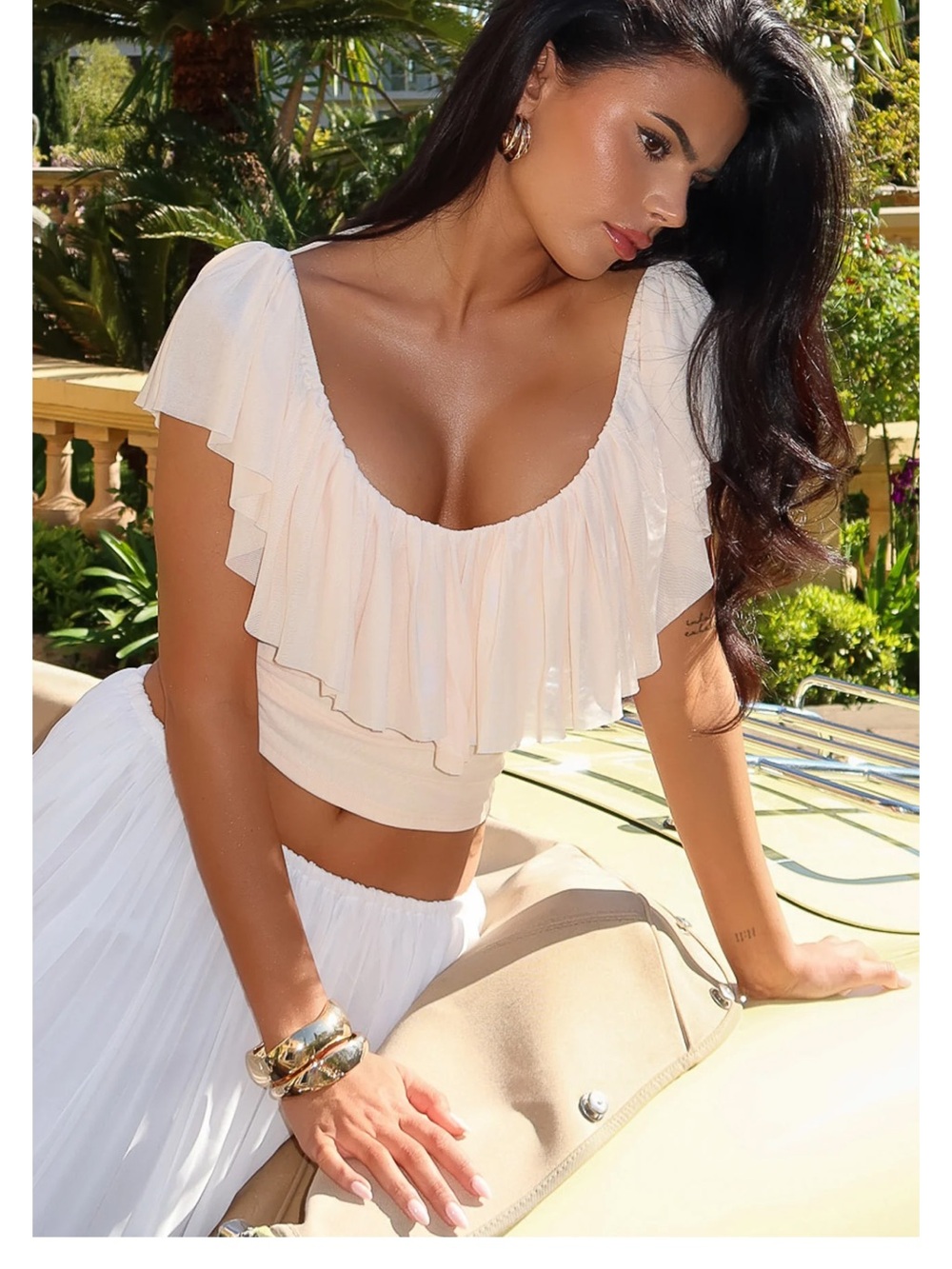 White Fox Boutique Cream Ruffle Scoop Crop Top